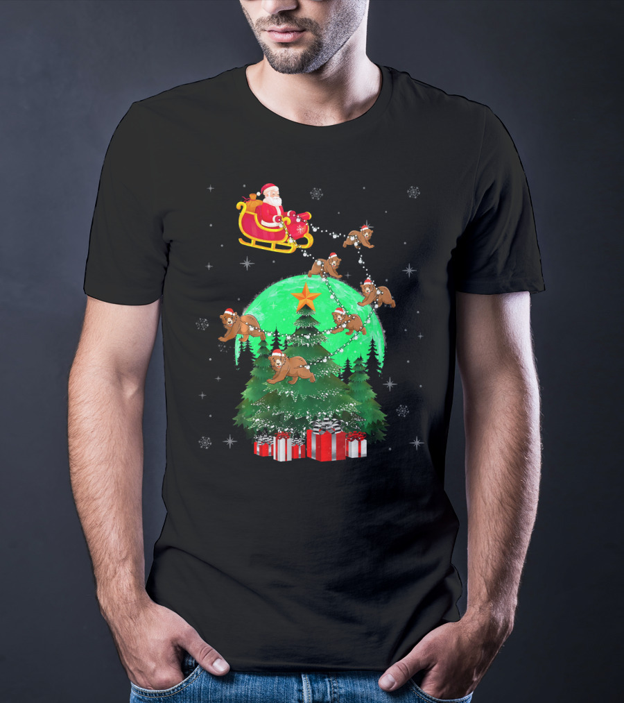 Santa Claus With Bears And Sleigh Over Christmas Tree And Presents T-Shirt