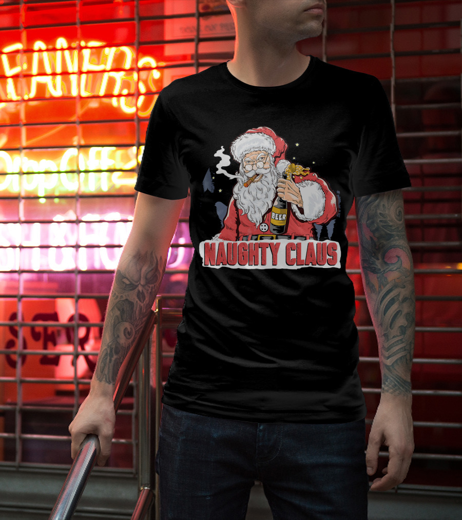 Naughty Claus Santa With Beer Funny Humor XMAS T-Shirt