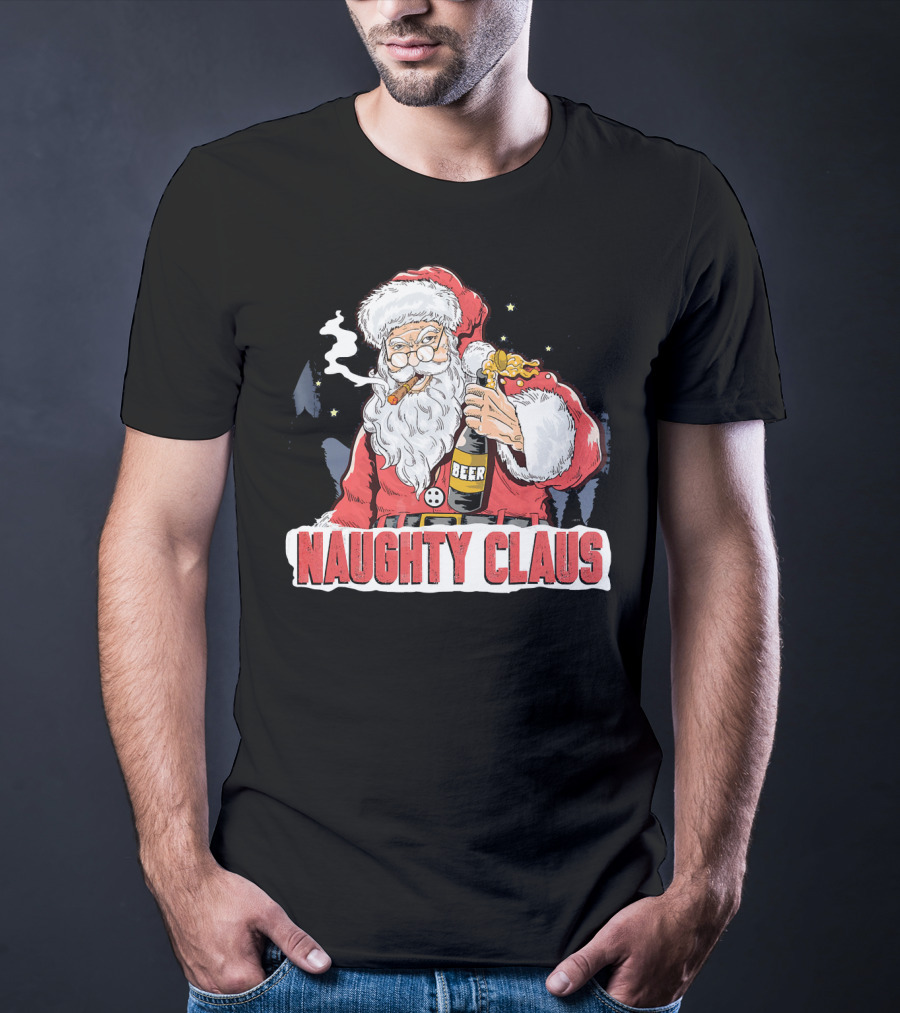 Naughty Claus Santa With Beer Funny Humor XMAS T-Shirt