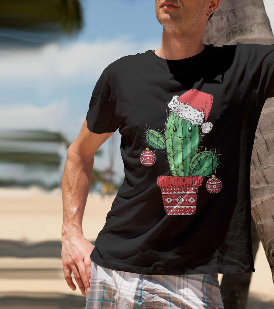 Cactus Christmas Tree Santa Hat Festive Ornaments T-Shirt
