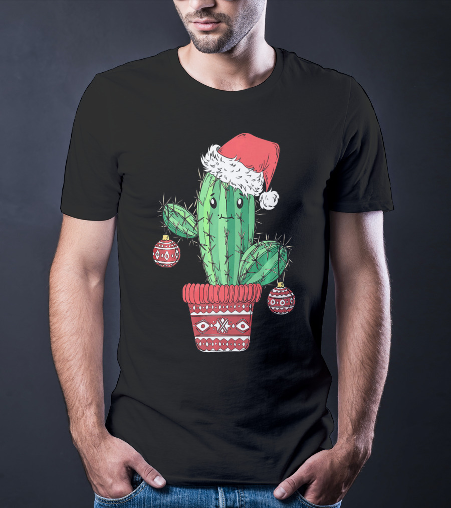 Cactus Christmas Tree Santa Hat Festive Ornaments T-Shirt