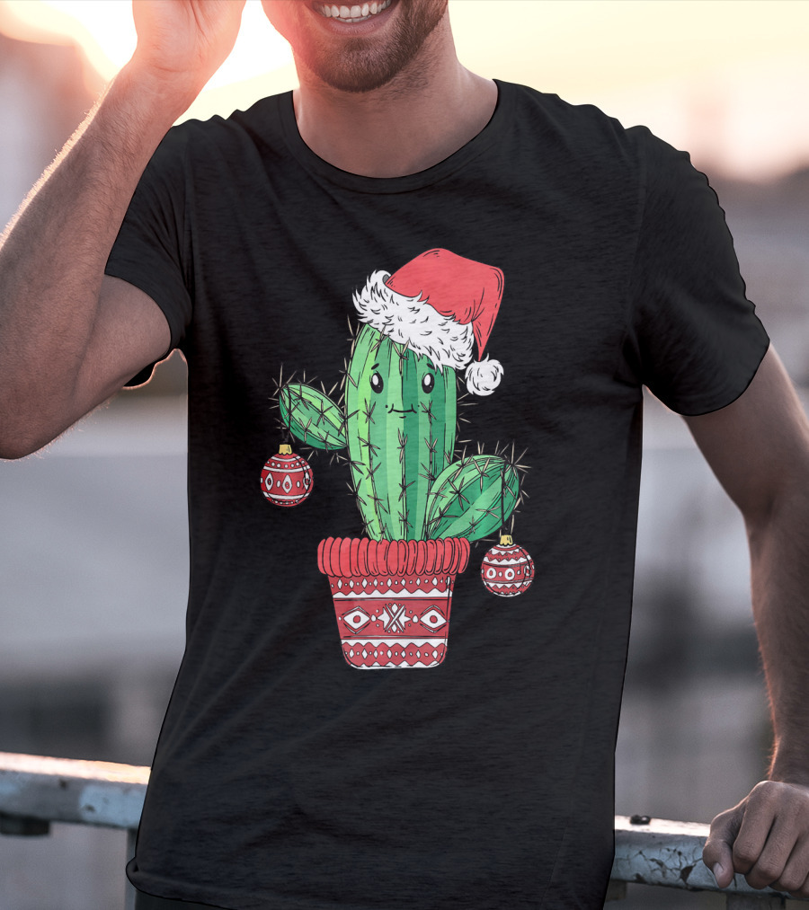 Cactus Christmas Tree Santa Hat Festive Ornaments T-Shirt