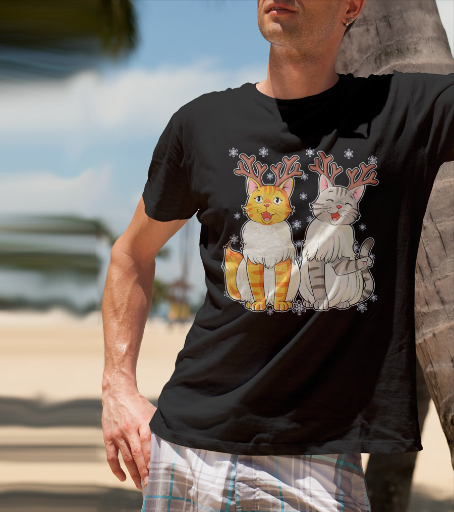 Funny Christmas Cat Reindeer With Snowflakes T-Shirt