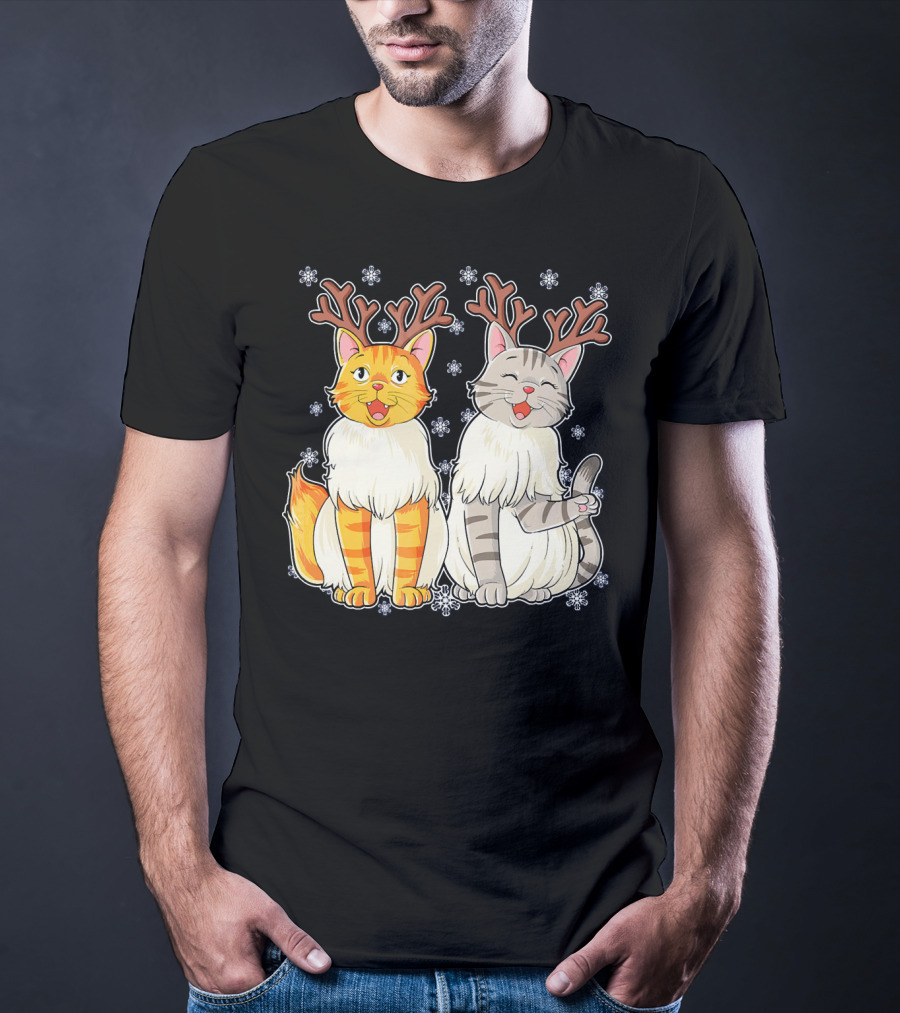 Funny Christmas Cat Reindeer With Snowflakes T-Shirt