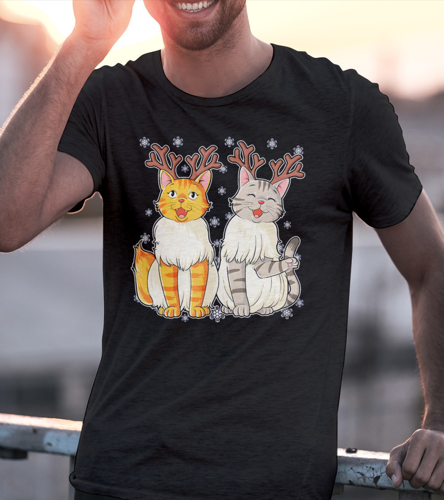 Funny Christmas Cat Reindeer With Snowflakes T-Shirt