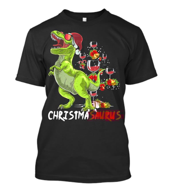 Christmasaurus T-Rex Santa Hat Wine Ornaments T-Shirt