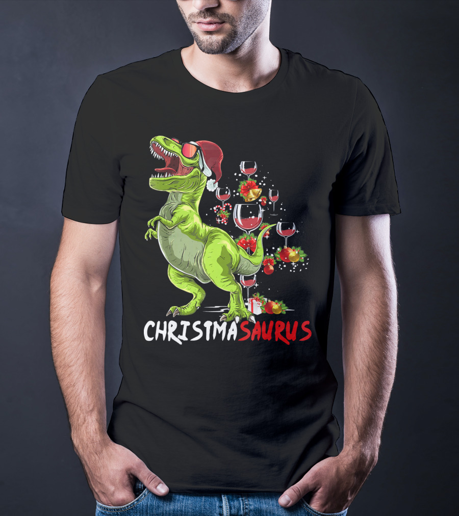 Christmasaurus T-Rex Santa Hat Wine Ornaments T-Shirt
