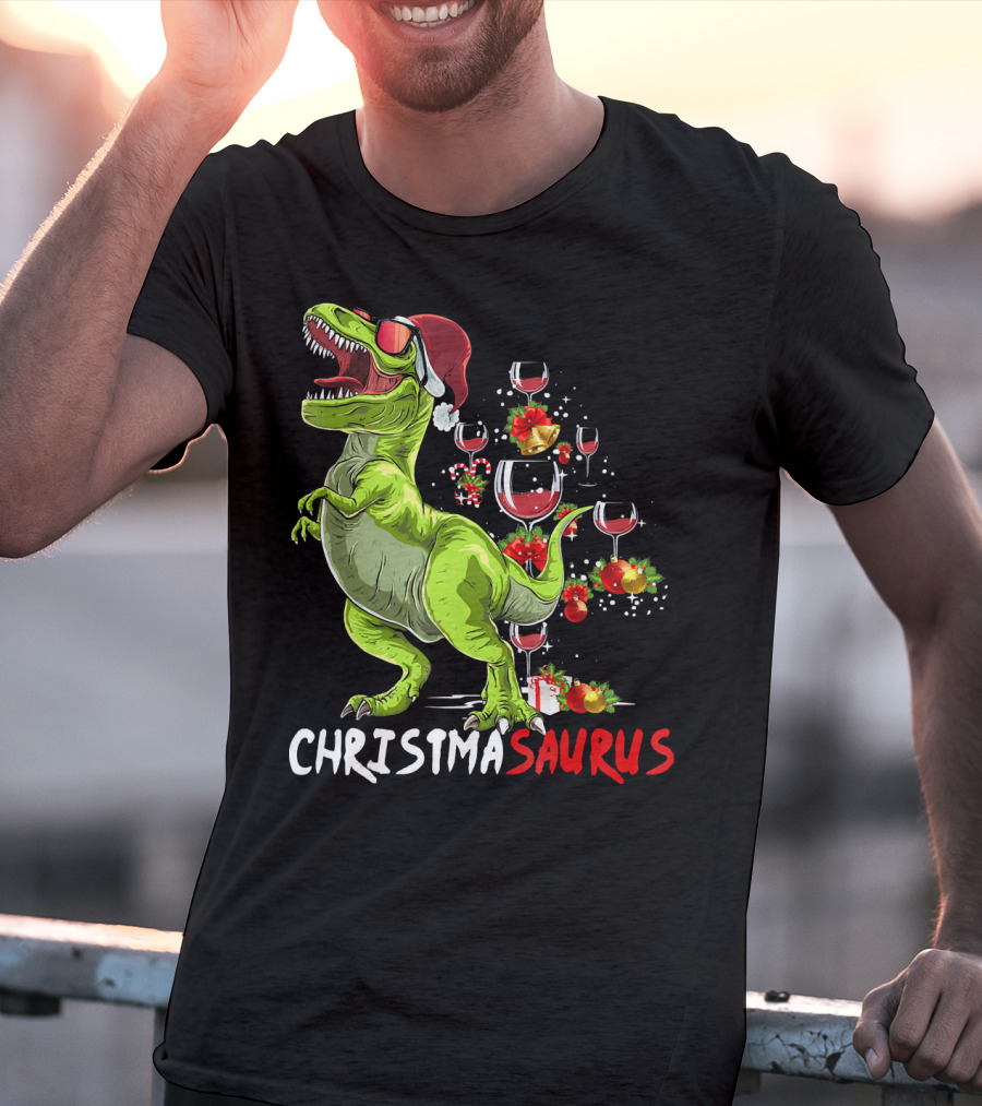 Christmasaurus T-Rex Santa Hat Wine Ornaments T-Shirt