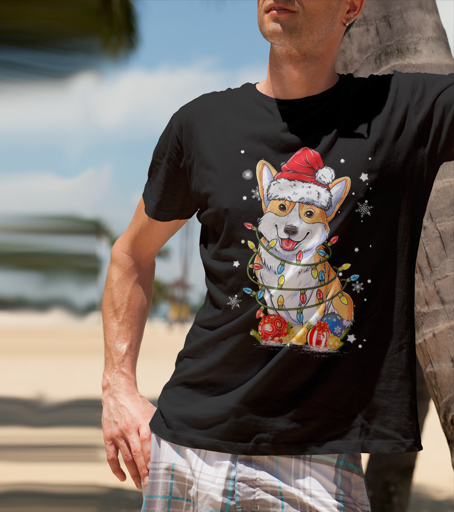Merry Corgmas Xmas Tree Santa Corgi Wrapped In Christmas Lights And Ornaments T-Shirt