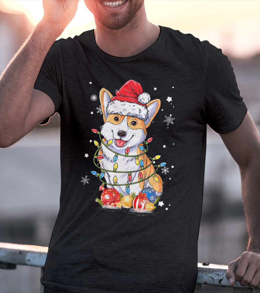 Merry Corgmas Xmas Tree Santa Corgi Wrapped In Christmas Lights And Ornaments T-Shirt