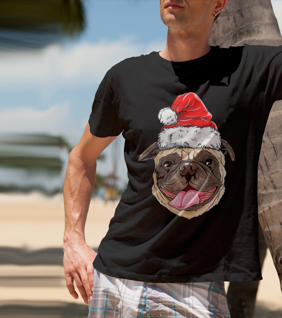 Pug Santa Christmas Hat Joyful Expression T-Shirt