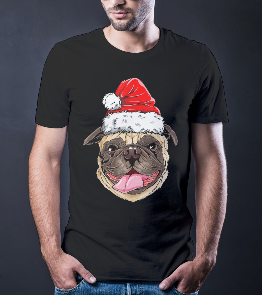 Pug Santa Christmas Hat Joyful Expression T-Shirt