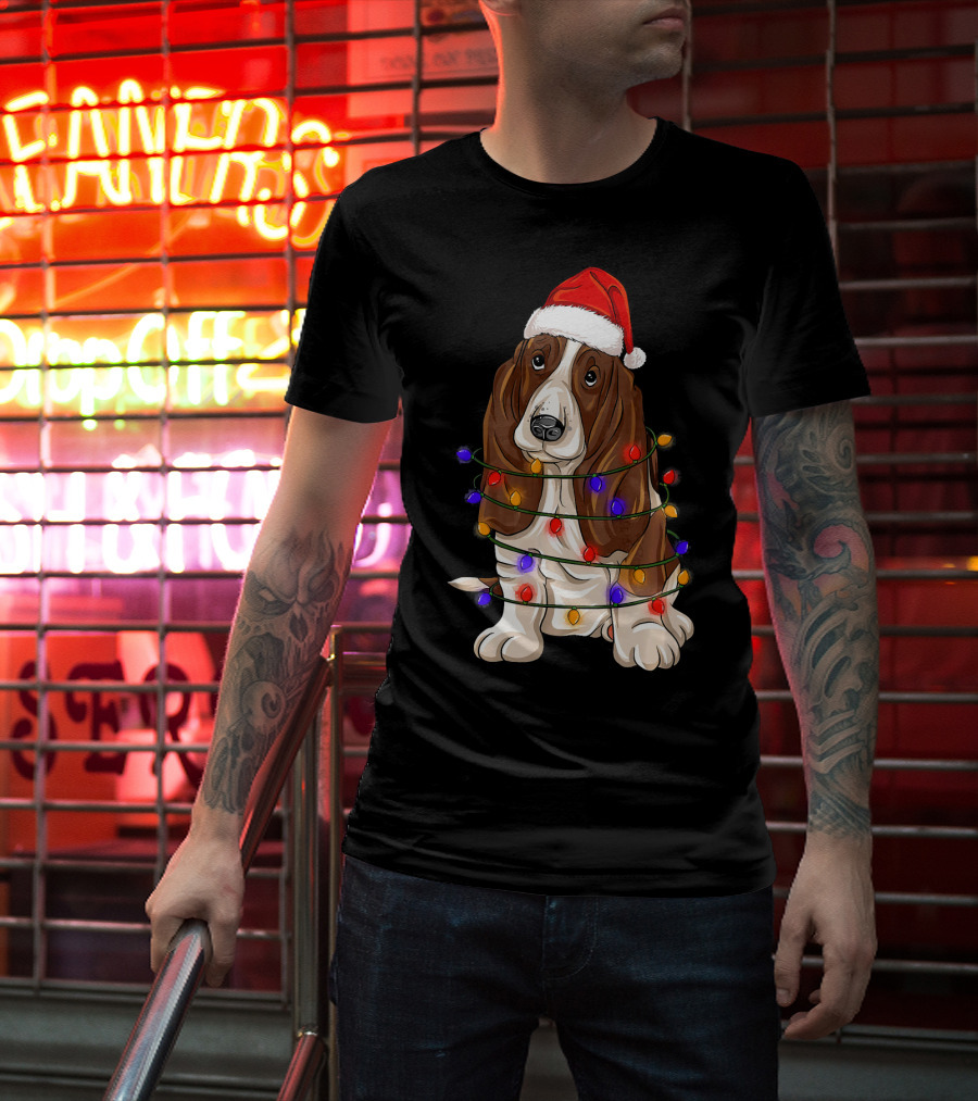 Basset Hound Santa Hat Wrapped In Christmas Lights T-Shirt