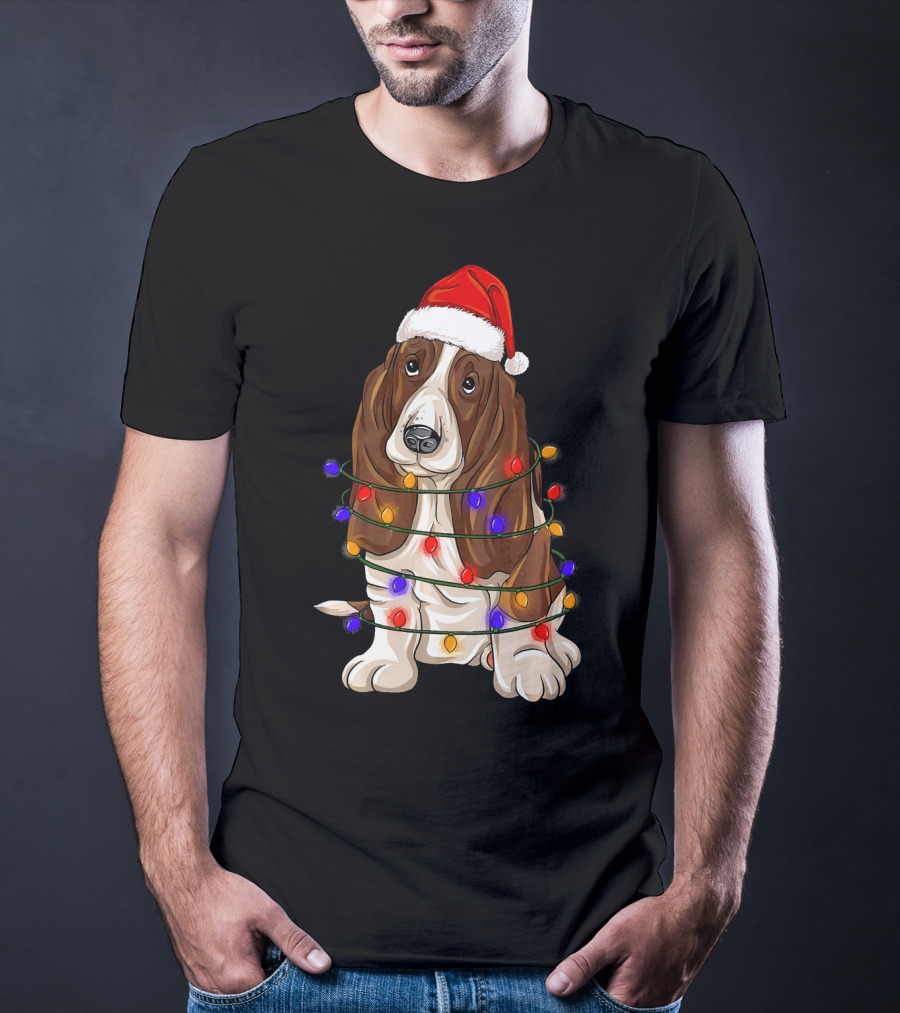 Basset Hound Santa Hat Wrapped In Christmas Lights T-Shirt