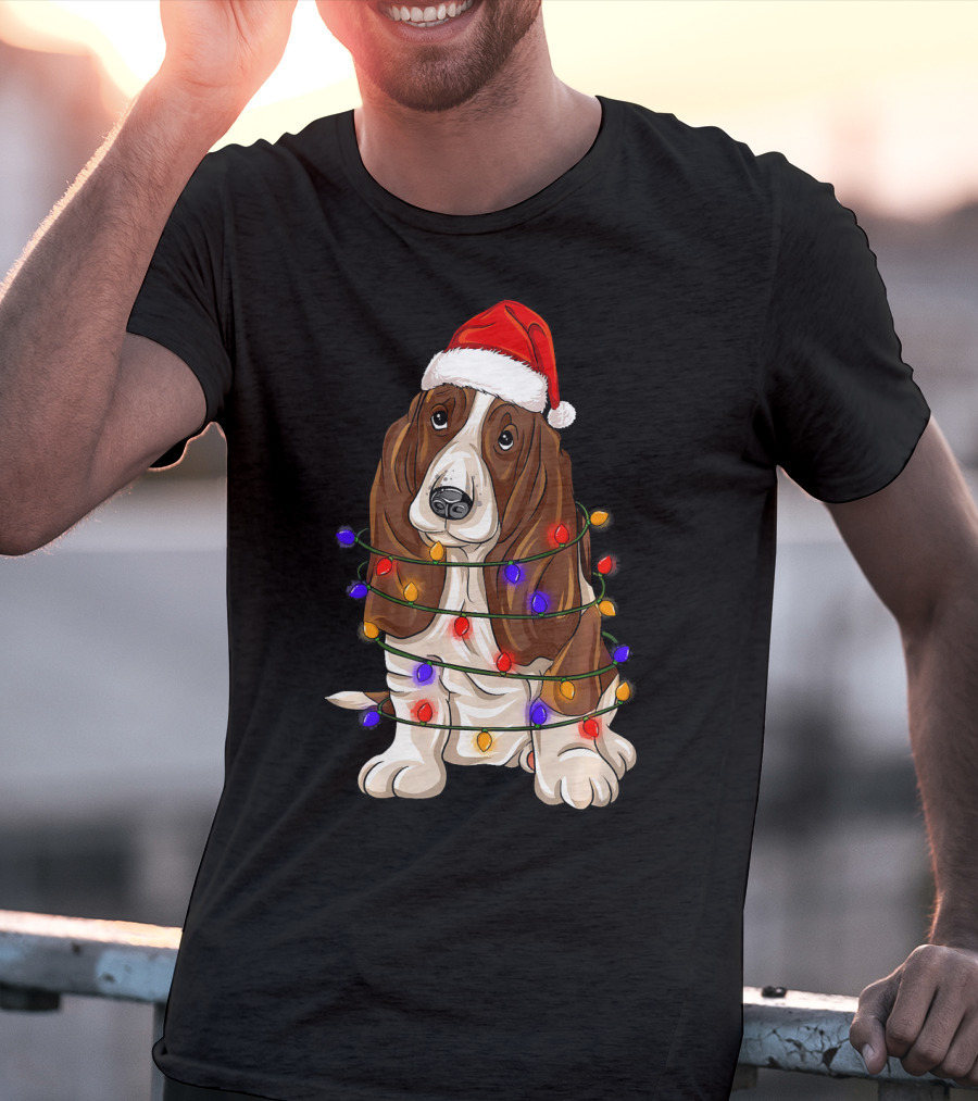 Basset Hound Santa Hat Wrapped In Christmas Lights T-Shirt