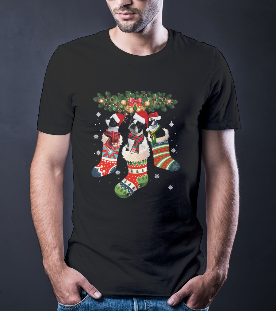 Three Boston Terrier In Christmas Stockings With Santa Hats And Festive Scarves T-Shirt