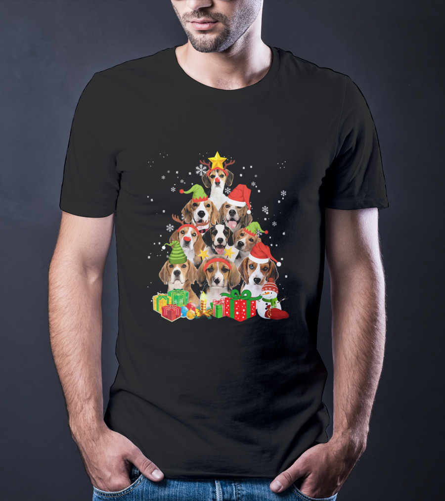 Funny Beagle Christmas Tree Santa Hats Presents Snowman T-Shirt