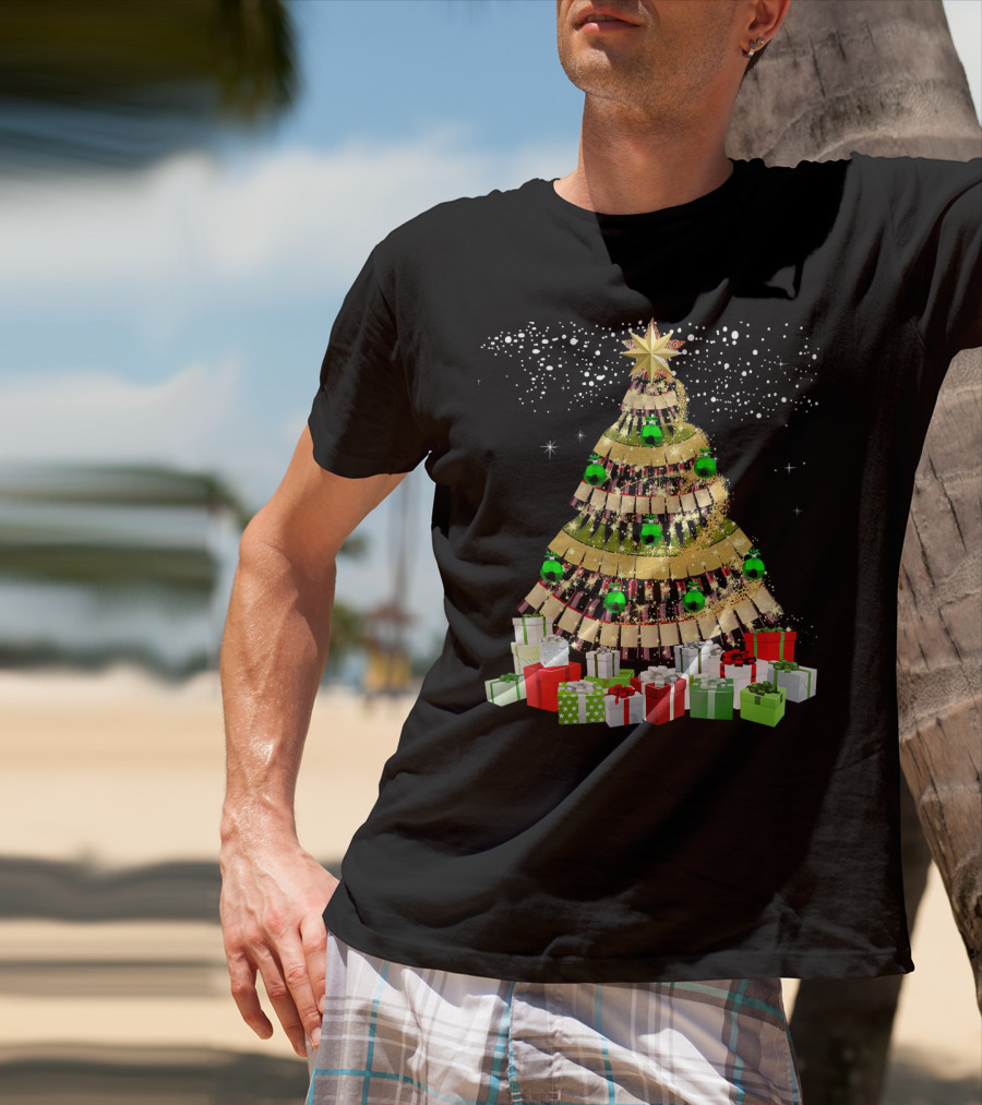 Wine Bottles Christmas Tree With Gifts Snowflakes And Ornaments T-Shirt