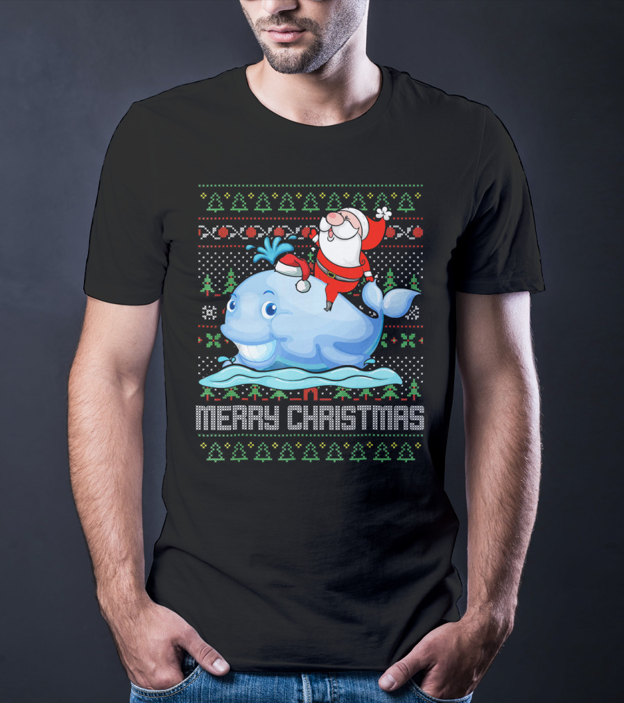 Merry Christmas Funny Santa Claus Riding Whale Holiday T-Shirt