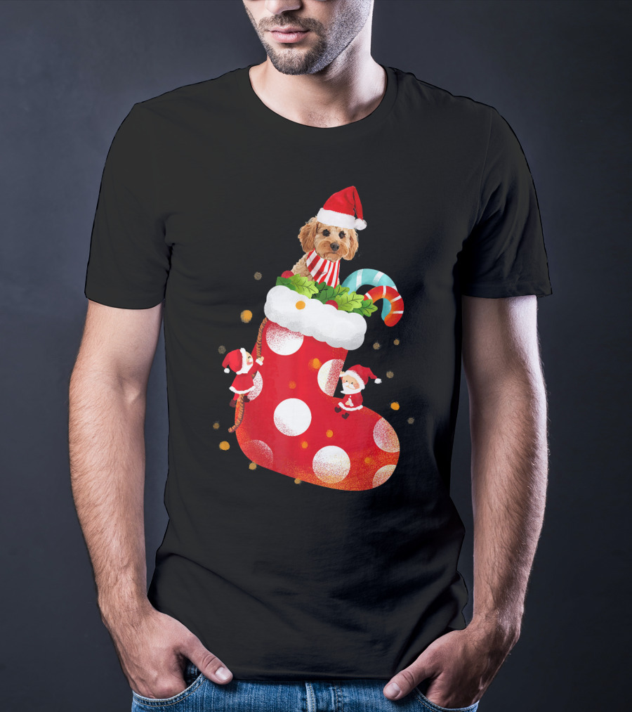 Christmas Cockapoo Dog In Santa Hat With Red Stocking And Candy Cane T-Shirt