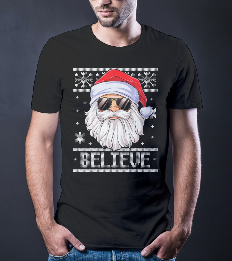 Santa Believe Christmas Sweater Design With Sunglasses And Snowflakes T-Shirt