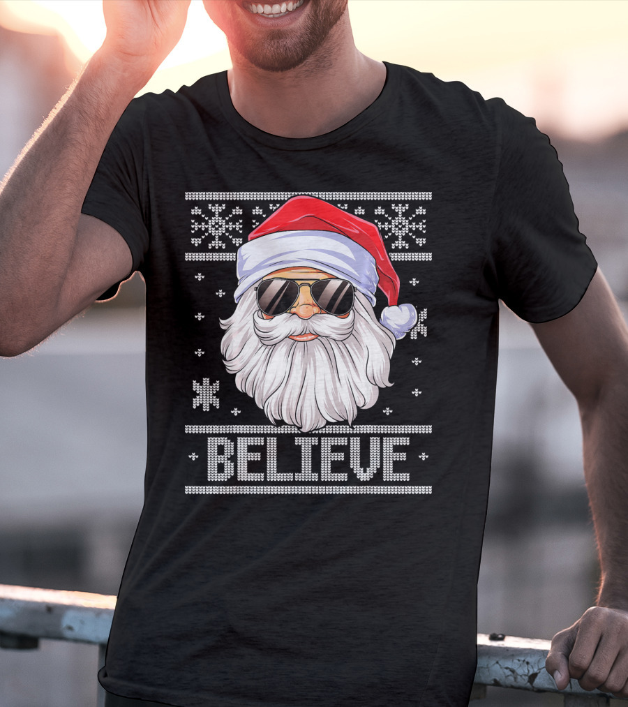 Santa Believe Christmas Sweater Design With Sunglasses And Snowflakes T-Shirt