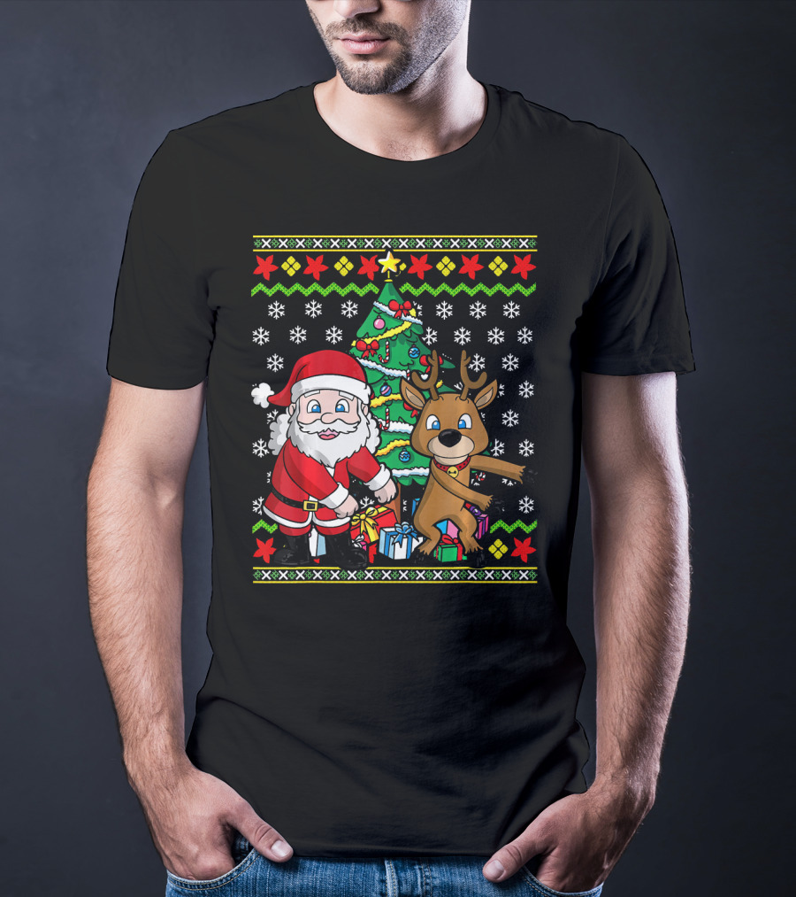 Ugly Christmas Kids Flossing Santa Reindeer Dance With Presents And Tree T-Shirt