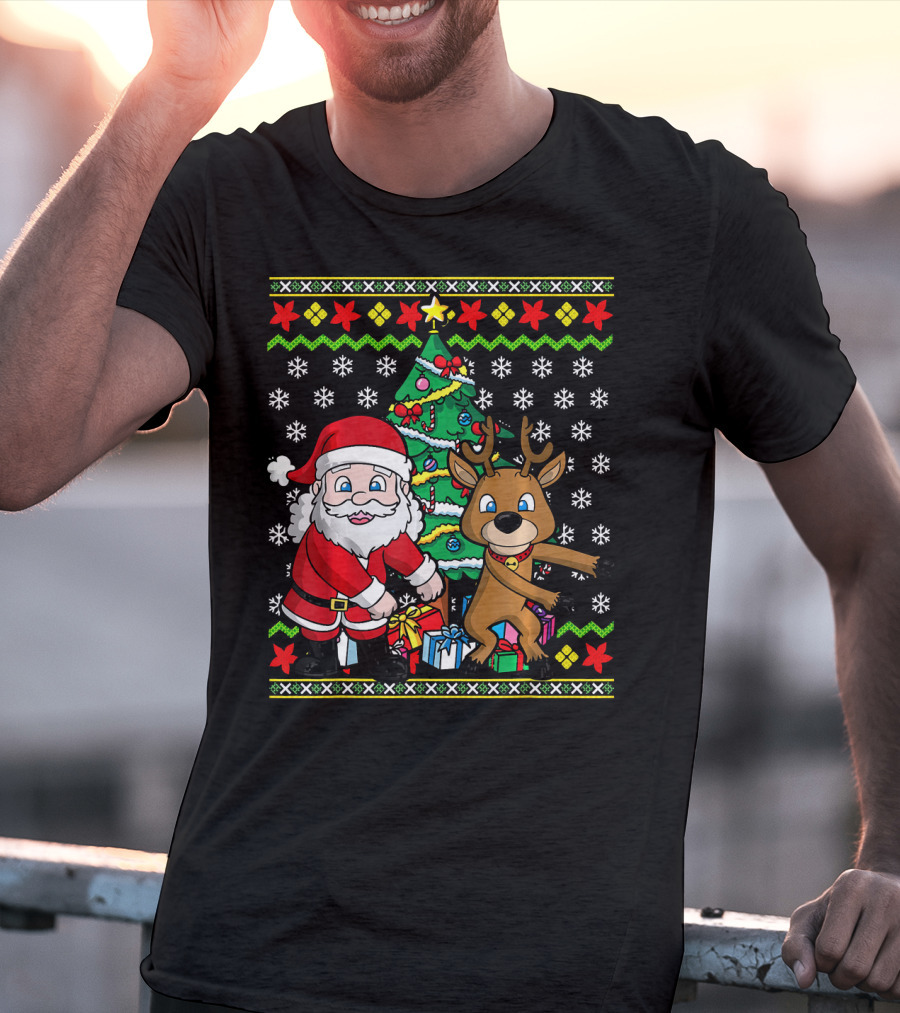 Ugly Christmas Kids Flossing Santa Reindeer Dance With Presents And Tree T-Shirt