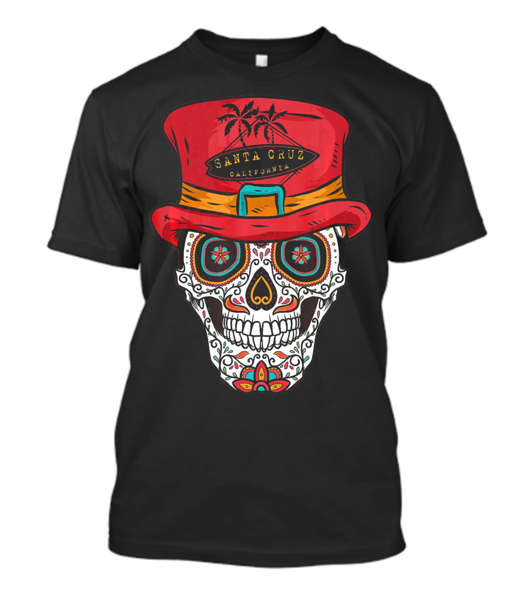 Santa Cruz California Sugar Skull Souvenir With Red Hat And Tropical Palm Trees T-Shirt
