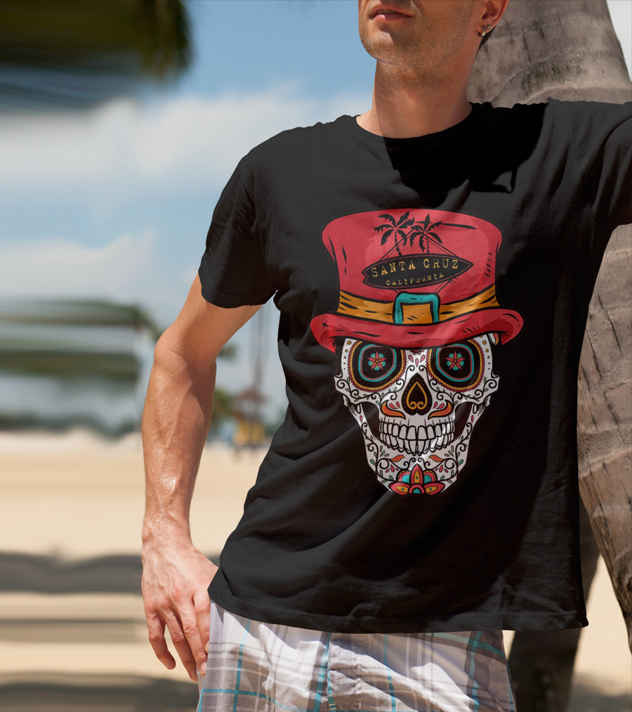 Santa Cruz California Sugar Skull Souvenir With Red Hat And Tropical Palm Trees T-Shirt