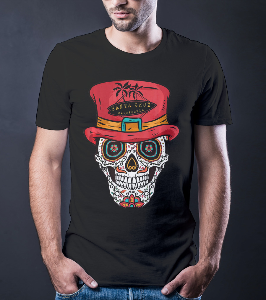 Santa Cruz California Sugar Skull Souvenir With Red Hat And Tropical Palm Trees T-Shirt