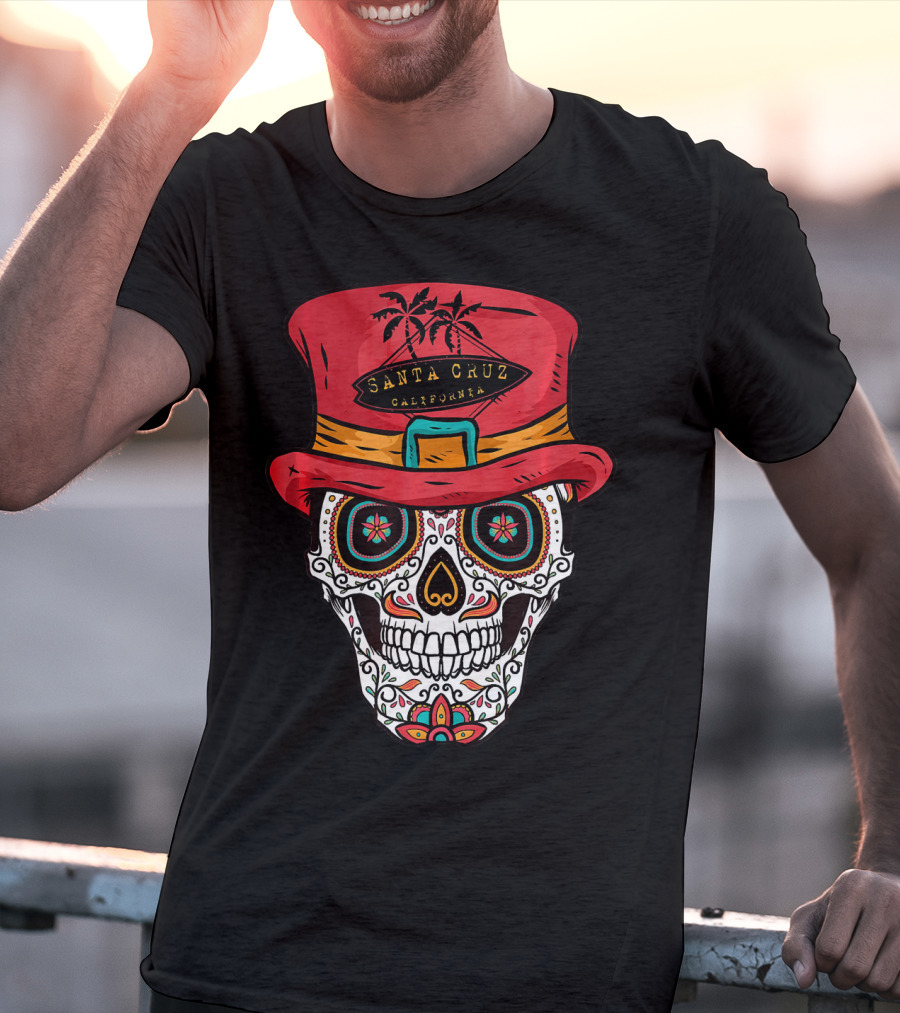 Santa Cruz California Sugar Skull Souvenir With Red Hat And Tropical Palm Trees T-Shirt