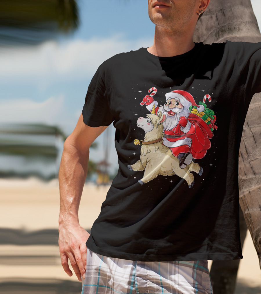 Fa La La Llama Christmas Santa Riding Llama With Candy Canes And Gifts T-Shirt