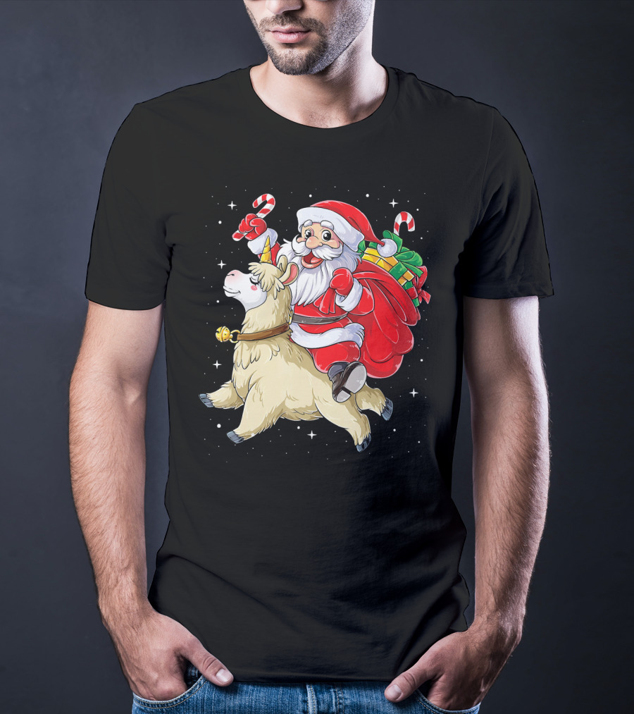 Fa La La Llama Christmas Santa Riding Llama With Candy Canes And Gifts T-Shirt