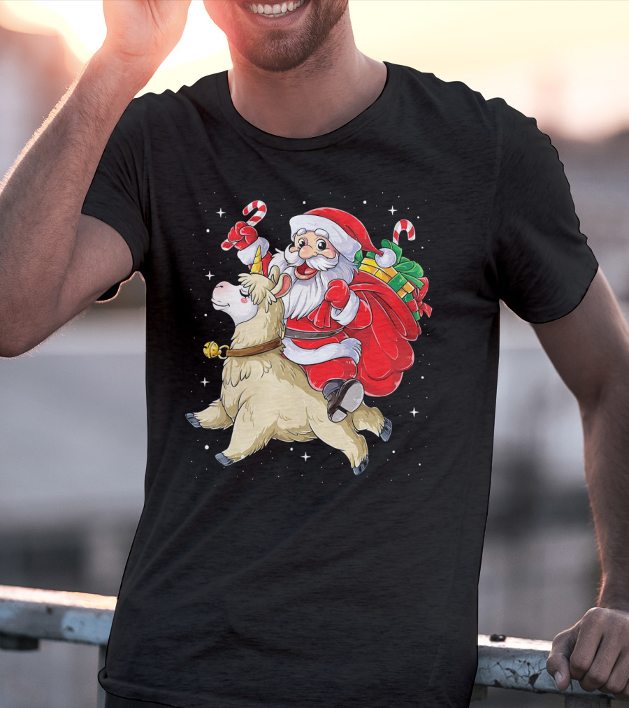 Fa La La Llama Christmas Santa Riding Llama With Candy Canes And Gifts T-Shirt