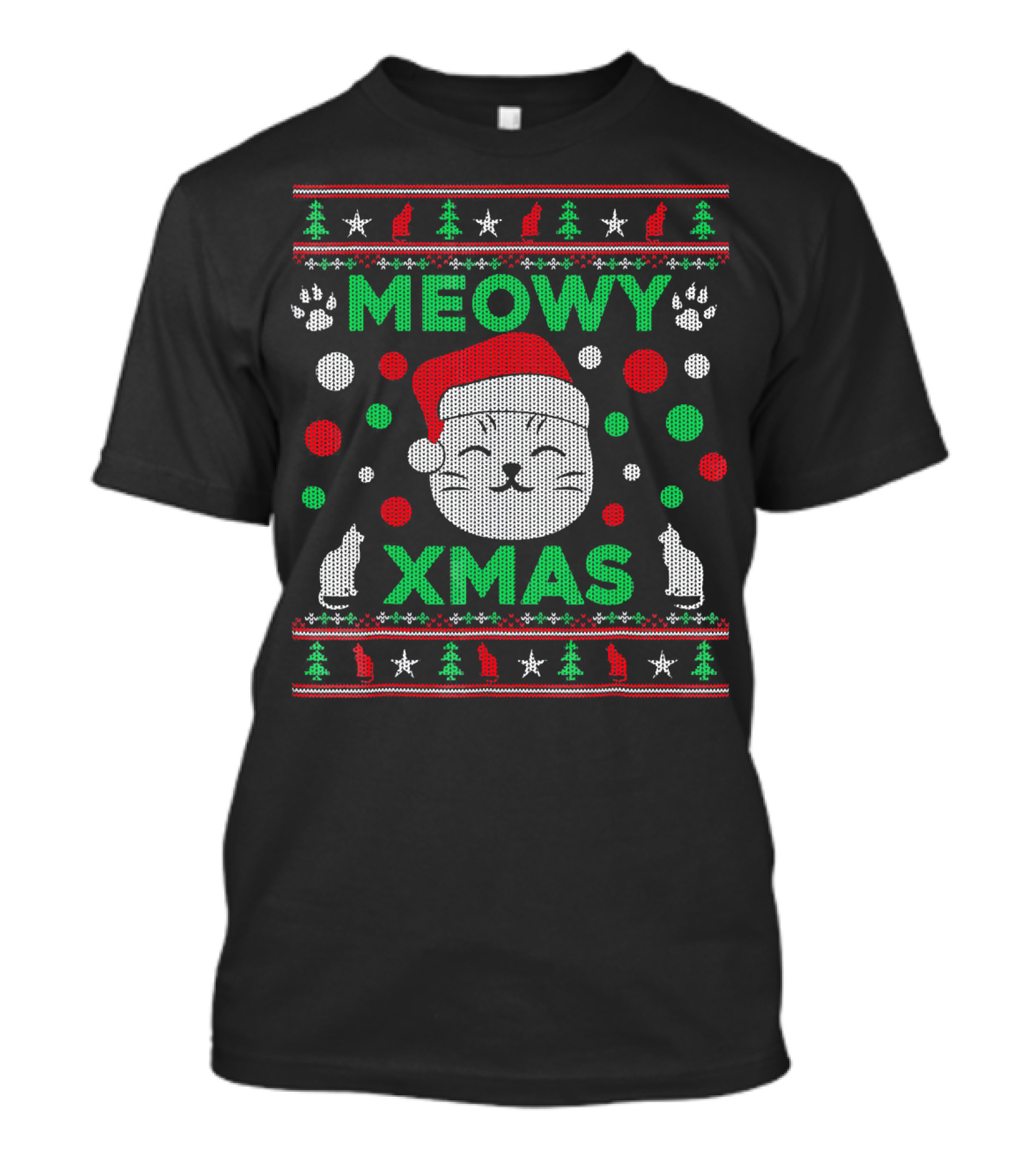 Meowy Xmas Ugly Christmas Santa Cat Paw Trees Stars T-Shirt