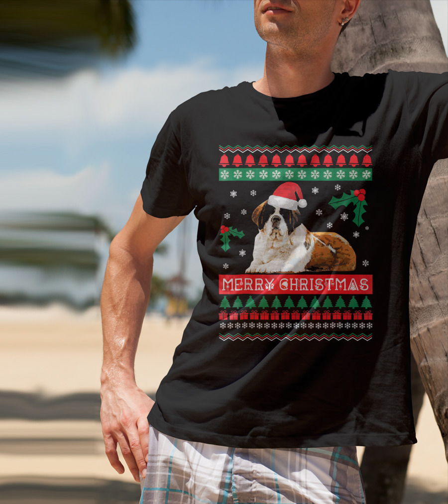 Merry Christmas St Bernard Dog Ugly Sweater Holiday T-Shirt