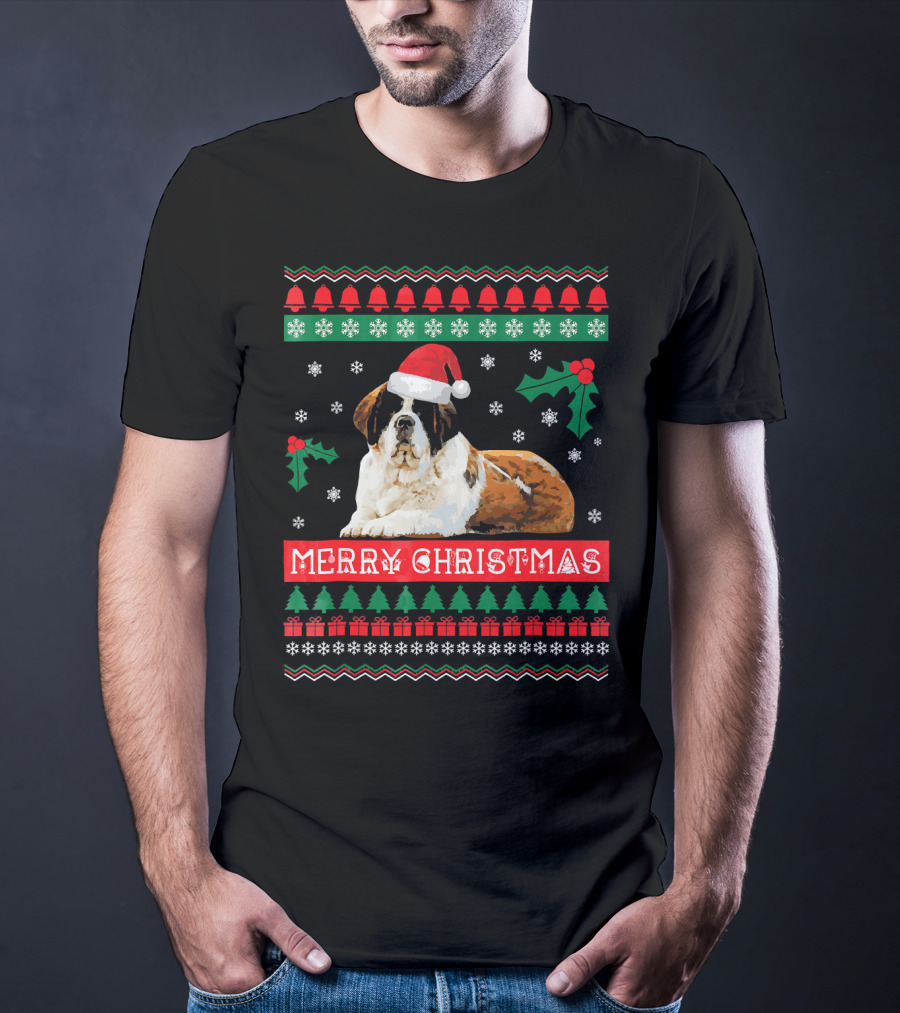 Merry Christmas St Bernard Dog Ugly Sweater Holiday T-Shirt