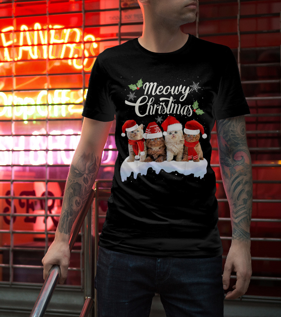 Meowy Christmas Kitten Cat Kitty Snowflake Santa Hat Holly T-Shirt
