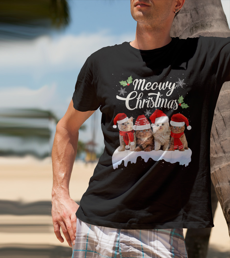 Meowy Christmas Kitten Cat Kitty Snowflake Santa Hat Holly T-Shirt