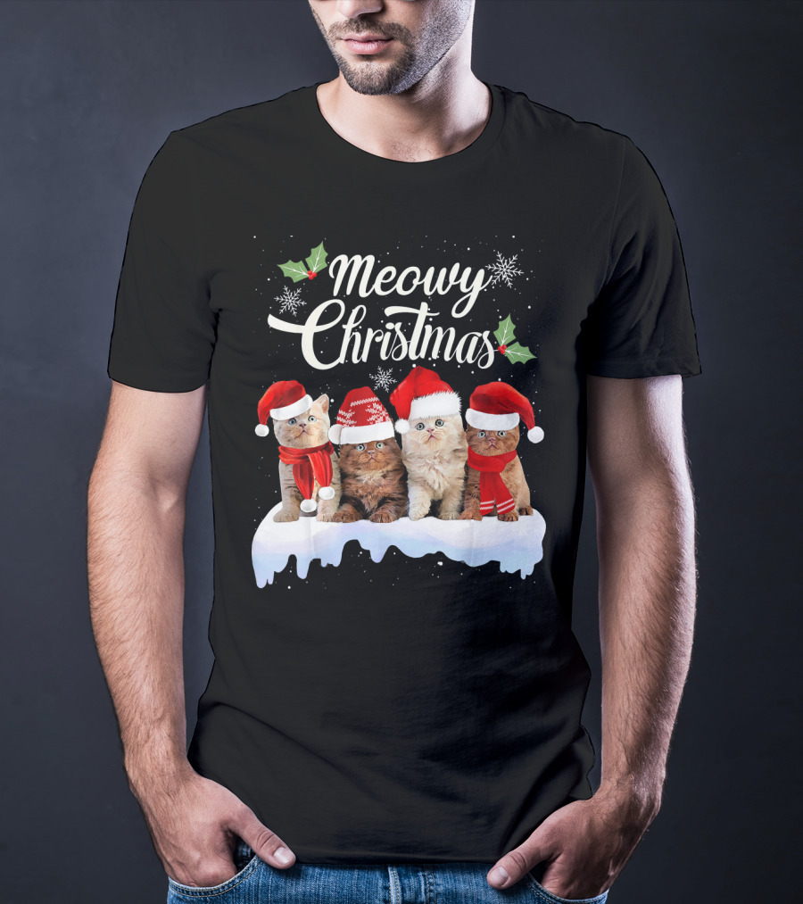 Meowy Christmas Kitten Cat Kitty Snowflake Santa Hat Holly T-Shirt
