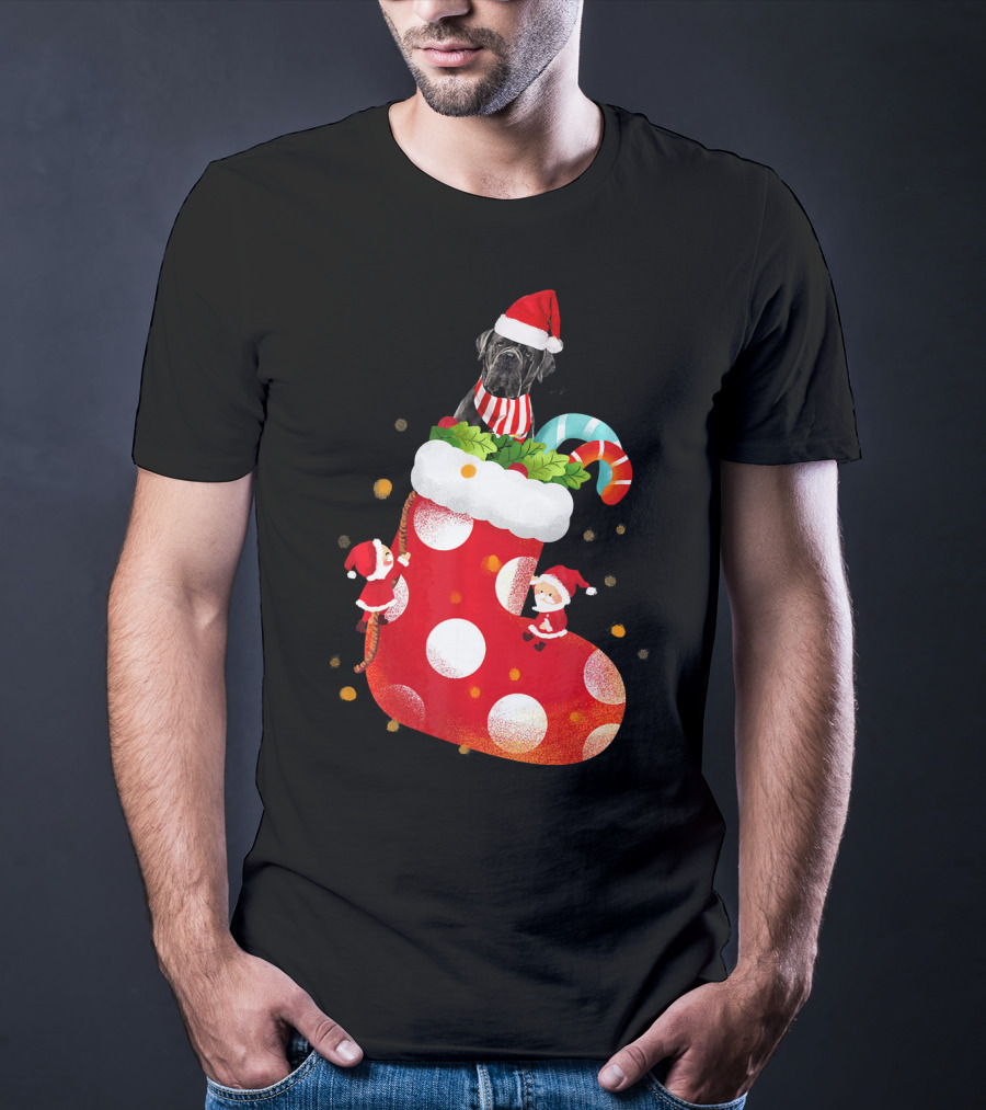 Christmas Cane Corso Dog In Santa Hat With Candy Cane And Stocking T-Shirt