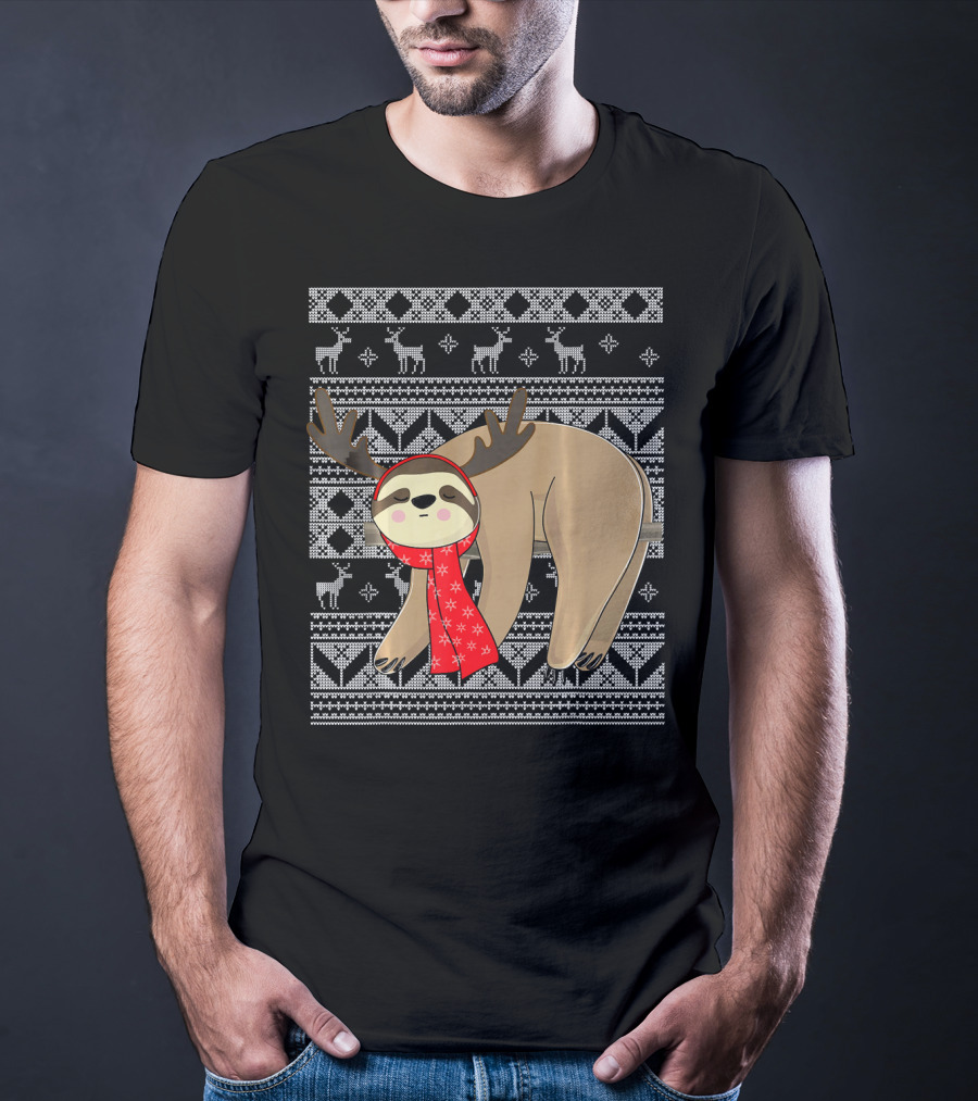 Ugly Christmas Sloth Reindeer Red Scarf Chris T-Shirt