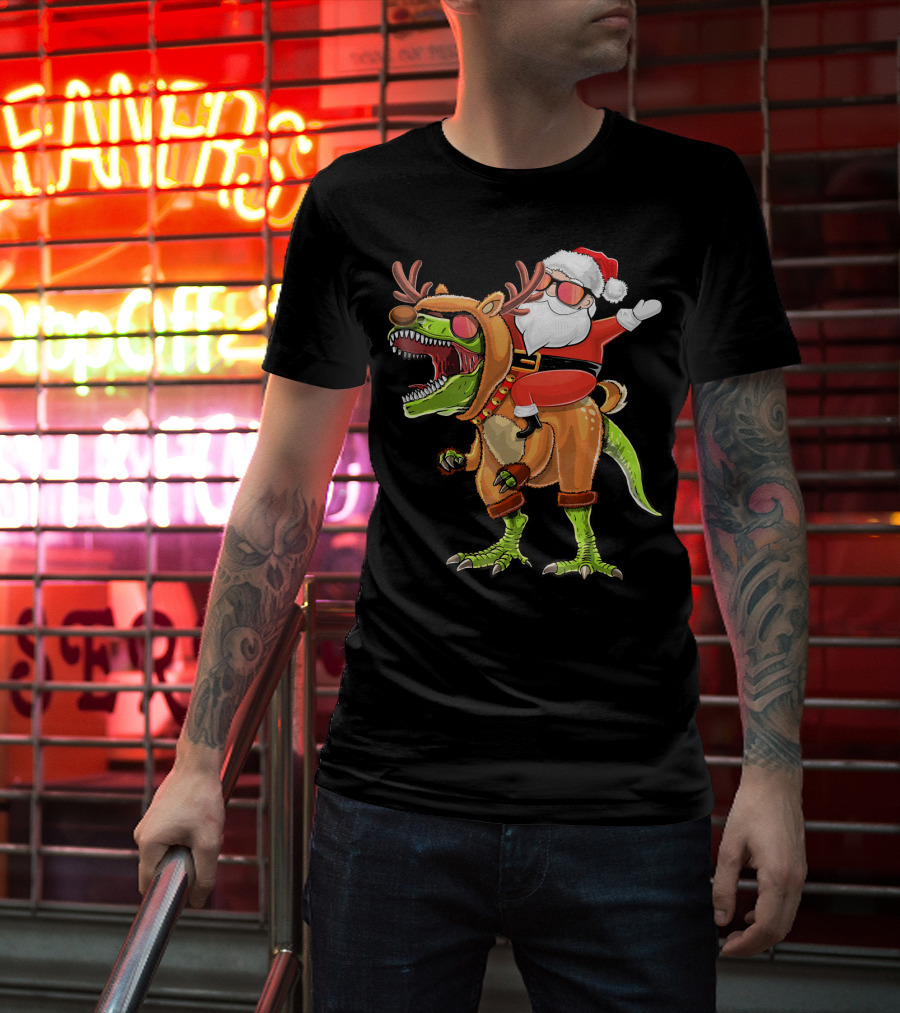 Santa Riding Reindeer Rex Dinosaur With Holiday Cheer T-Shirt