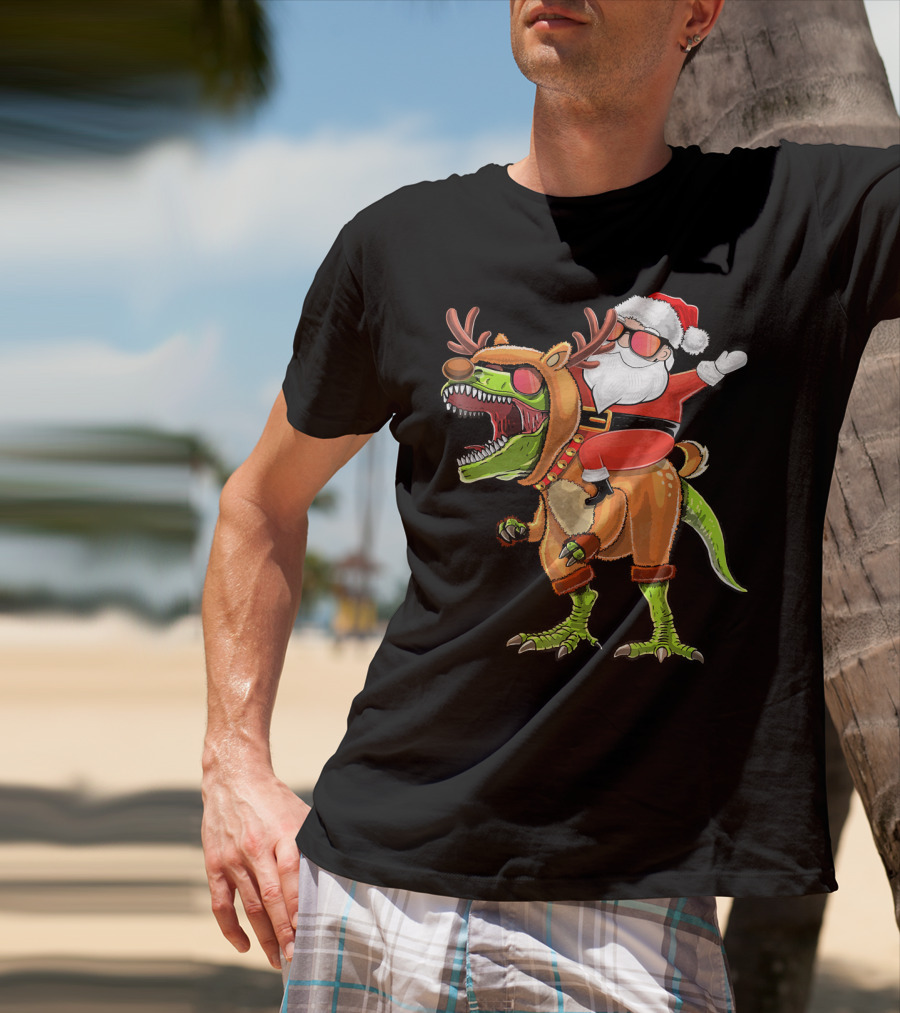 Santa Riding Reindeer Rex Dinosaur With Holiday Cheer T-Shirt