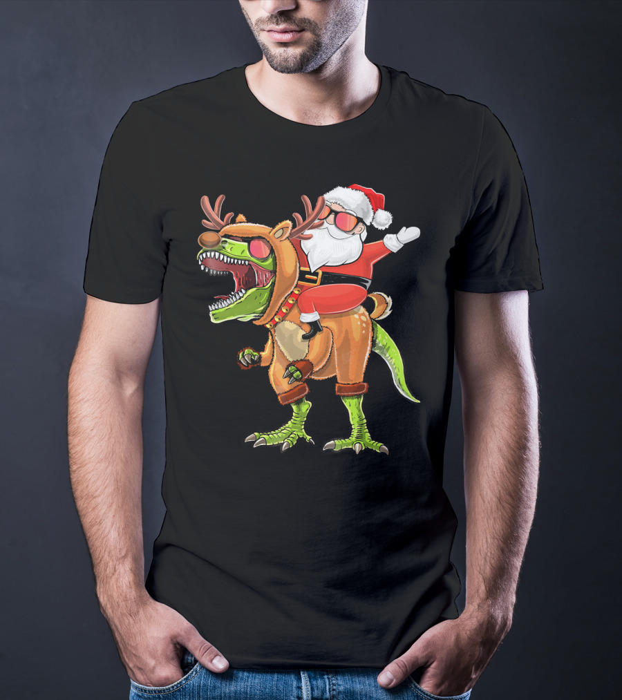 Santa Riding Reindeer Rex Dinosaur With Holiday Cheer T-Shirt