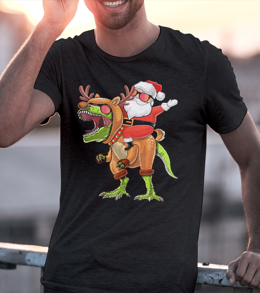 Santa Riding Reindeer Rex Dinosaur With Holiday Cheer T-Shirt