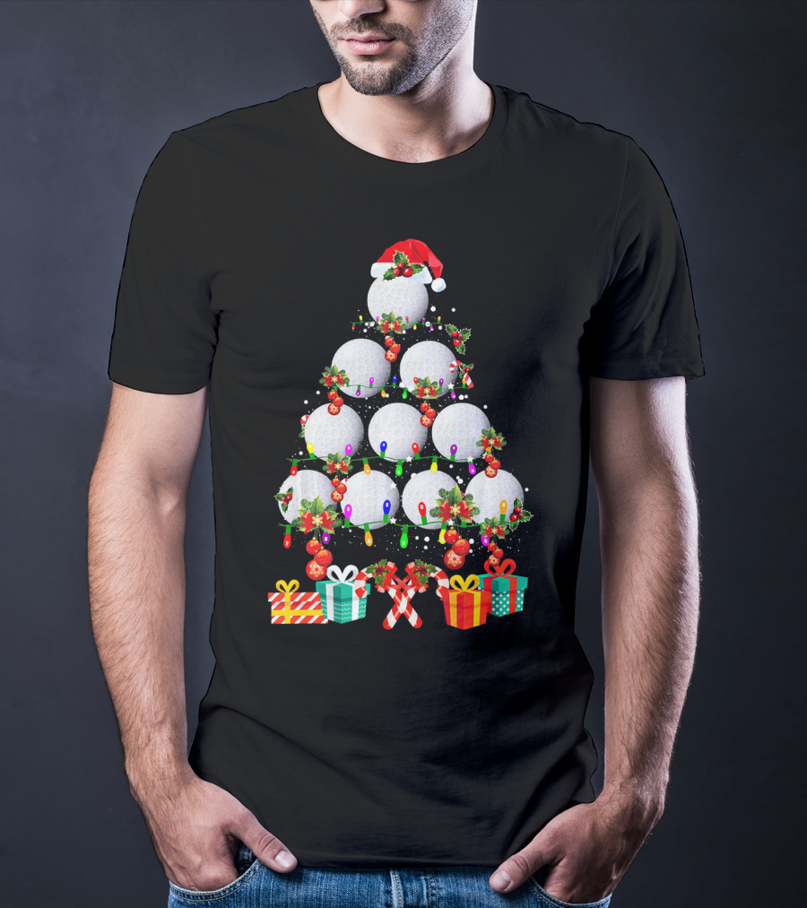 Golf Ball Christmas Tree Santa Hat Holiday Gifts T-Shirt