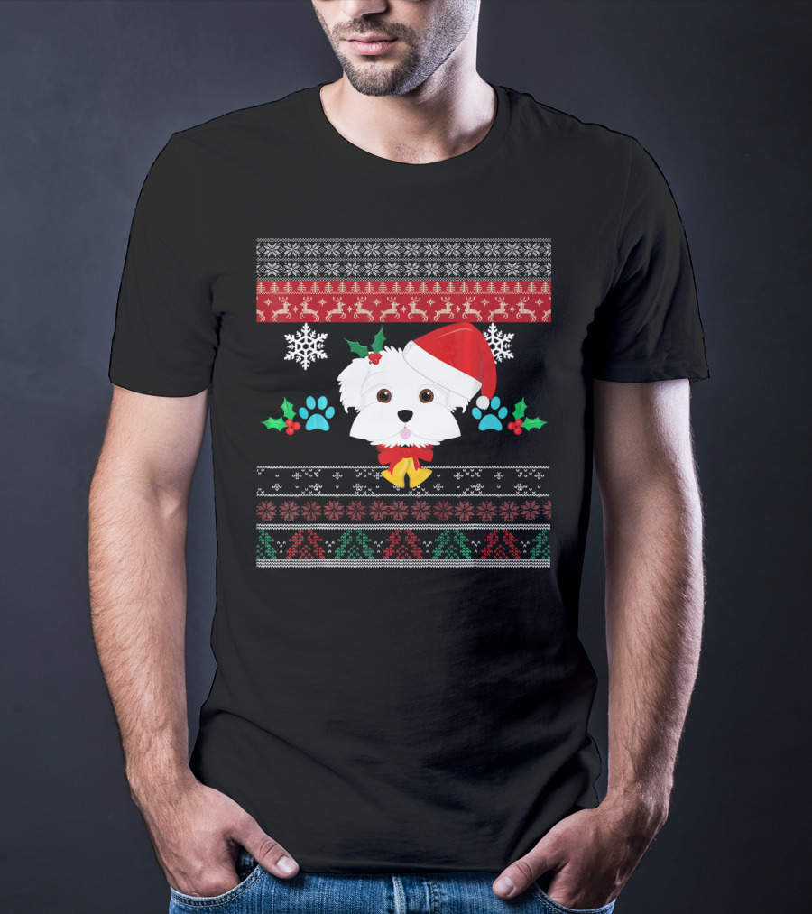 Maltese Dog Santa Hat Ugly Christmas Sweater Pattern Snowflakes Hollys Paws T-Shirt