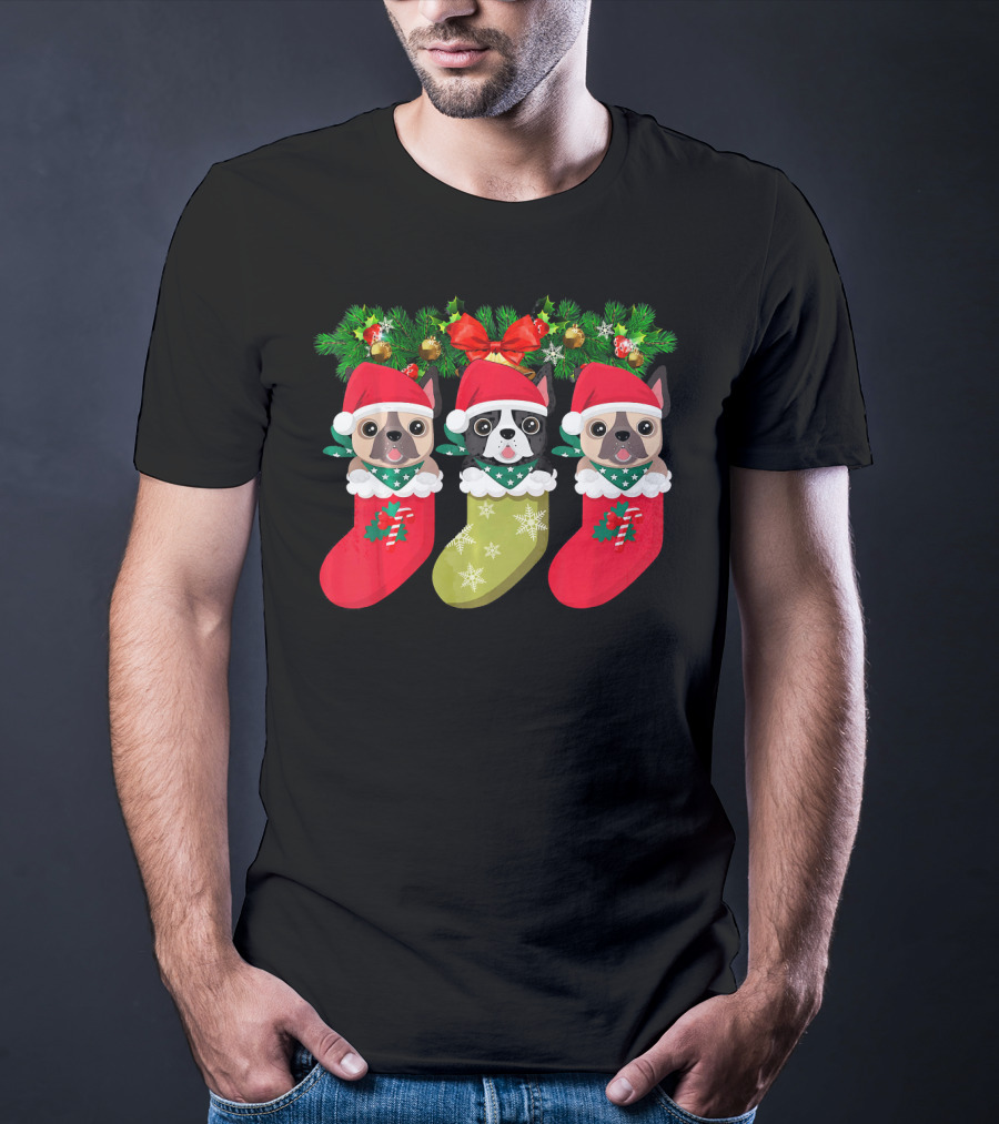 Pug Christmas Socks Festive Dog Stocking Trio With Santa Hats And Holly T-Shirt